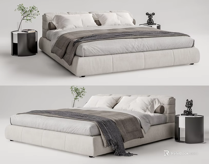 Modern Upholstered Double Bed With Light Gray Frame White Pillows Gray Blanket And Black Bedside Tables 3d model 