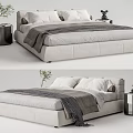 Modern Upholstered Double Bed With Light Gray Frame White Pillows Gray Blanket And Black Bedside Tables