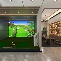 Indoor Golf Simulator Fitness Space With Lounge Area Tables Chairs Green Plants And Display Cabinets