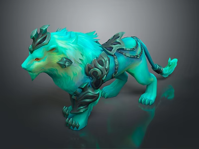 Turquoise Lion Game Movie Character With Ornamental Armor And Shiny Standing Posture 3d model