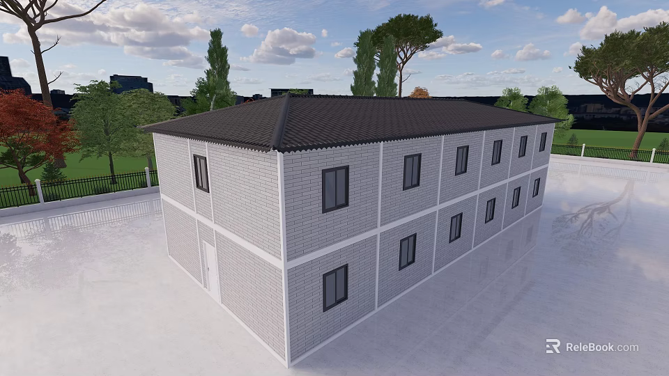Two Story Detached Villa With Gray Brick Walls Black Roof And Trees In Open Area 3d model 