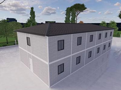 Two Story Detached Villa With Gray Brick Walls Black Roof And Trees In Open Area 3d model