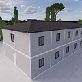 Two Story Detached Villa With Gray Brick Walls Black Roof And Trees In Open Area