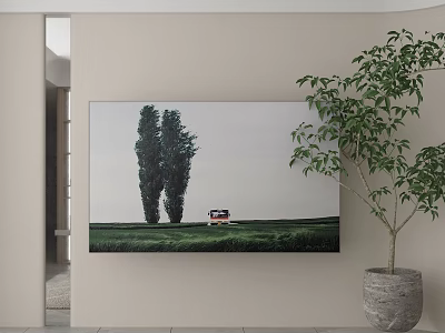 Oil Painting With Two Tall Trees Red Car Green Grass And Gray Sky On Wall 3d model