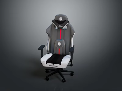 Modern Gray and White Gaming Chair with Red Stripe Black Armrests Logo and Wheels 3d model