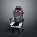 Modern Gray and White Gaming Chair with Red Stripe Black Armrests Logo and Wheels