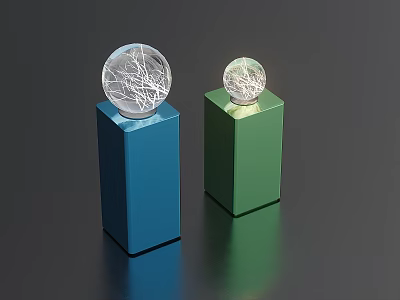 Tech Exhibition Hall Display With Transparent Spheres On Blue Green Cube Bases And Network Structures 3d model