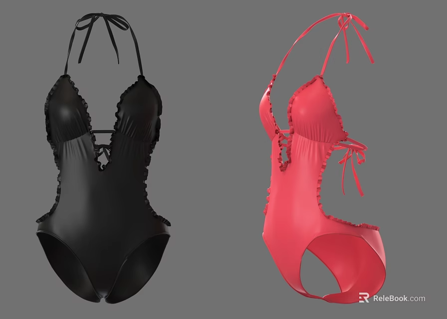 Black and Pink One Piece Swimsuit with Halter Neck Tie Details and Ruffle Trim 3d model 