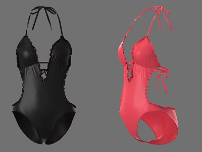 Black and Pink One Piece Swimsuit with Halter Neck Tie Details and Ruffle Trim 3d model