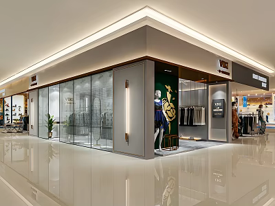 Modern Clothing Store Interior With Glass Window Mannequins And Displayed Clothes 3d model
