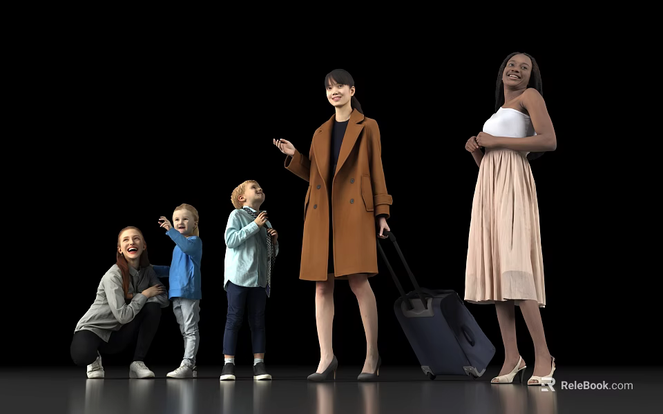 Group of Multiethnic People Including Adults and Children with Travel Luggage Standing Against Black Background 3d model 