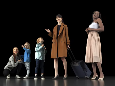 Group of Multiethnic People Including Adults and Children with Travel Luggage Standing Against Black Background 3d model