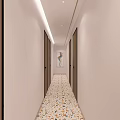 Elevator Hallway Design With Light Colored Walls Terrazzo Floor And Wooden Doors
