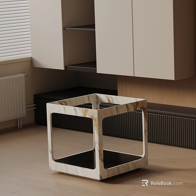 Modern Square Side Table With Marble Top And Open Black Shelf Design 3d model