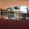 Modern Garden Landscape With Curved Roof Red Railing Waterfall Glass Windows And Green Plants