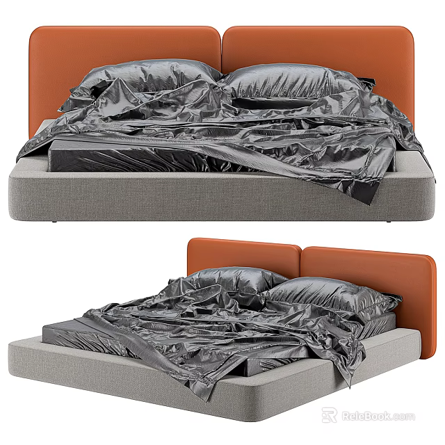 Elegant Modern Double Bed With Orange Headboard Gray Mattress Soft Shiny Bedding 3d model