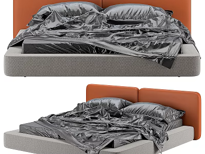 Elegant Modern Double Bed With Orange Headboard Gray Mattress Soft Shiny Bedding 3d model