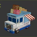 Blue And White Ice Cream Truck With Red White Striped Awning And Waffles On Top