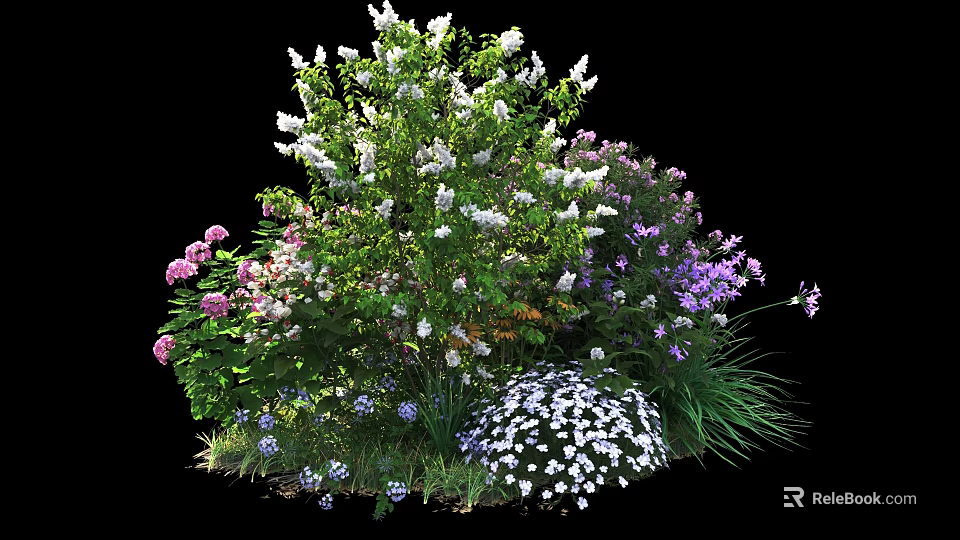 Colorful Flowering Shrubs With White Pink Purple Blooms And Green Foliage 3d model 