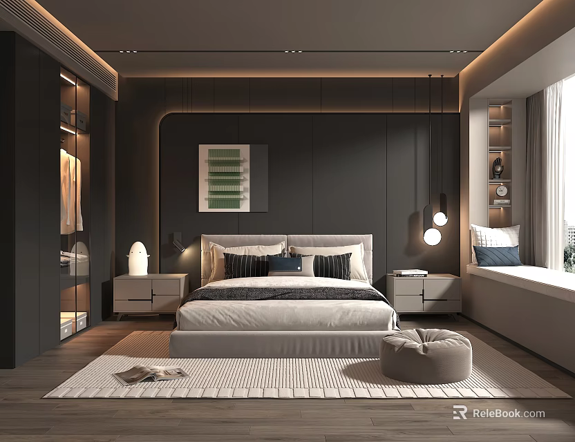 Modern Bedroom Interior With Dark Gray Walls White Bedding Nightstands Pendant Lights And Round Pouf 3d model 
