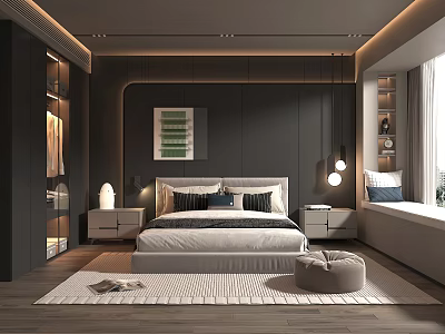 Modern Bedroom Interior With Dark Gray Walls White Bedding Nightstands Pendant Lights And Round Pouf 3d model