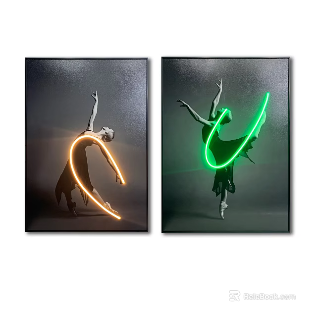 Dancer Figure Paintings With Orange And Green Light Trails On Two Canvas Panels 3d model 