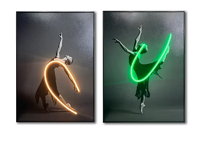 Dancer Figure Paintings With Orange And Green Light Trails On Two Canvas Panels 3d model