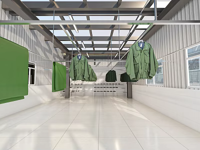 Green Uniforms Display Interior With Bright Lighting And Metal Hanging Racks 3d model