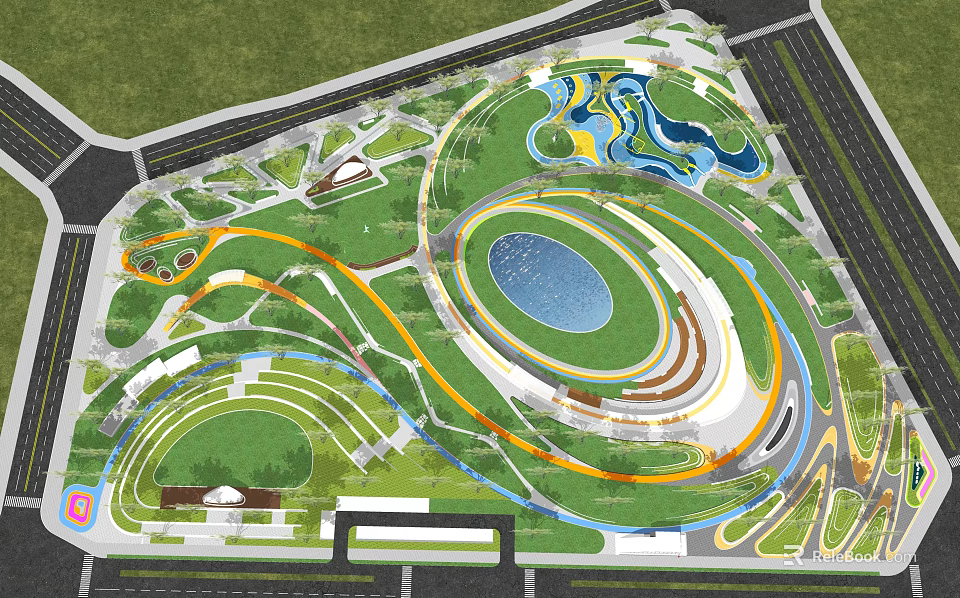 Park Landscape With Green Lawns Winding Pathways And Circular Water Features 3d model 
