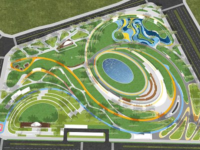 Park Landscape With Green Lawns Winding Pathways And Circular Water Features 3d model