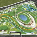 Park Landscape With Green Lawns Winding Pathways And Circular Water Features
