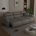 Modern Light Beige Leather Sofa with Round Coffee Table Floor Lamp Green Plant and Rug