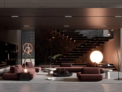 Modern Living Room With Dark Sofa Staircase Round Floor Lamp And Area Rug 3d model
