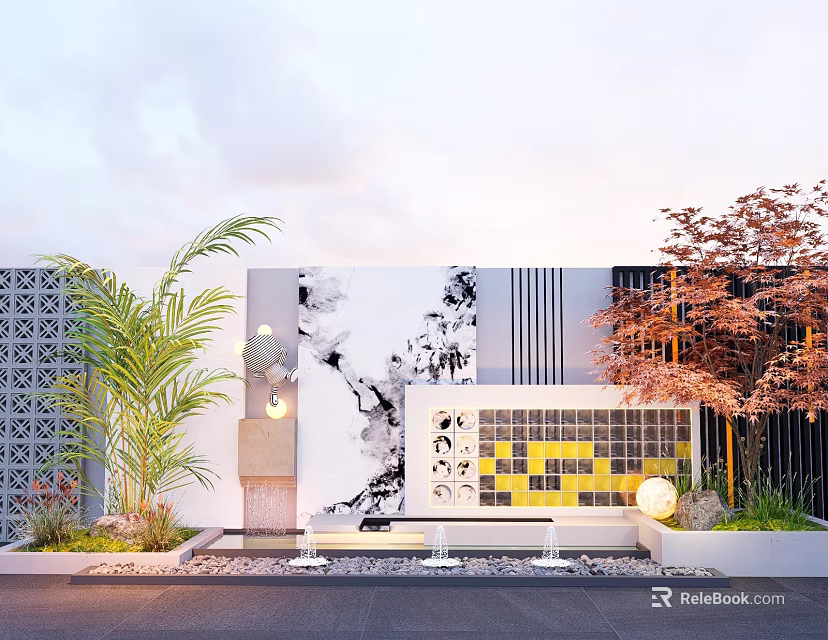 Modern Feature Wall With Black White Ink Pattern Yellow Squares And Green Plants 3d model 