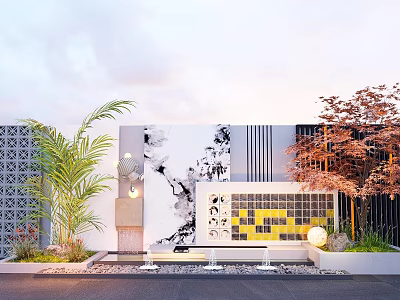 Modern Feature Wall With Black White Ink Pattern Yellow Squares And Green Plants 3d model