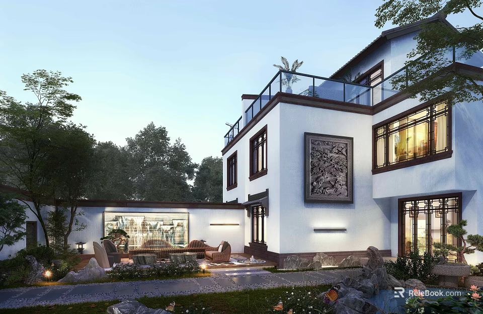 Modern Detached Villa Exterior Design With White Walls Large Windows And Garden Landscaping 3d model 