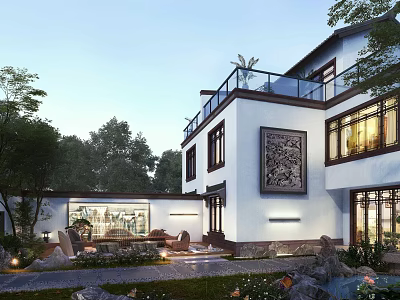Modern Detached Villa Exterior Design With White Walls Large Windows And Garden Landscaping 3d model
