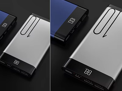 Power Bank Silver Black Metal Design Digital Display Screen Multiple USB Ports Portable Charger 3d model