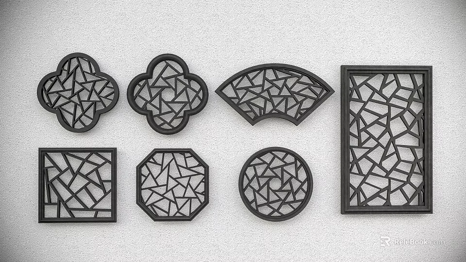 Carved Lattice Windows with Various Ornamental Shapes and Intricate Patterns 3d model 