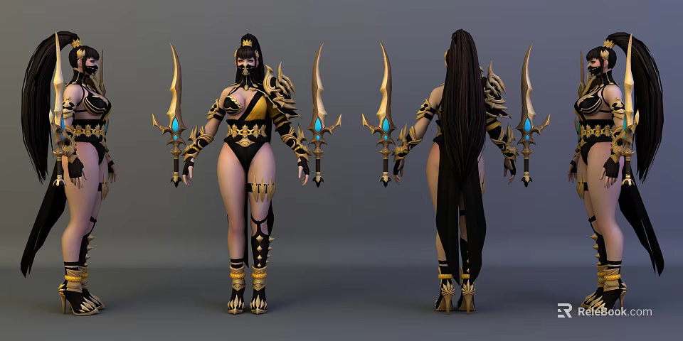 Game Movie Female Warrior Character With Gold Black Armor Long Hair And Blue Glowing Weapons 3d model 