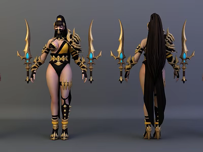 Game Movie Female Warrior Character With Gold Black Armor Long Hair And Blue Glowing Weapons 3d model