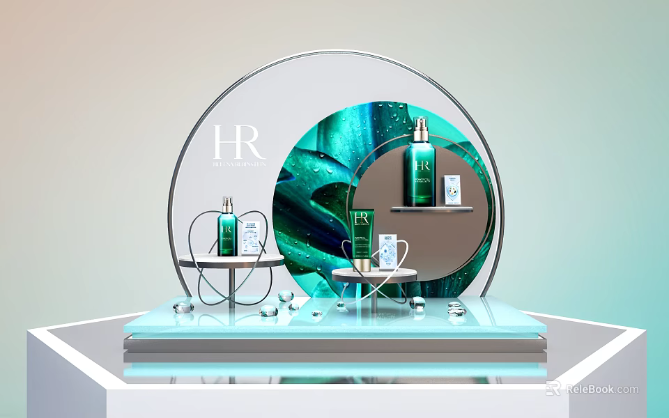 HR Perfume Cosmetics Display With Green Wave Background Circular Stand And Glass Bottles 3d model 