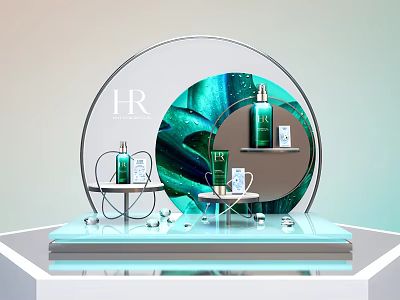 HR Perfume Cosmetics Display With Green Wave Background Circular Stand And Glass Bottles 3d model