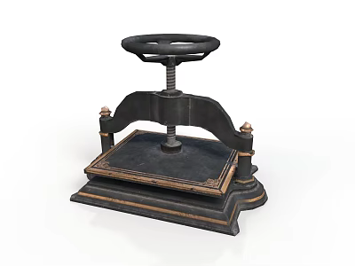Vintage Press Machine With Round Handle Square Platform And Gold Accents 3d model