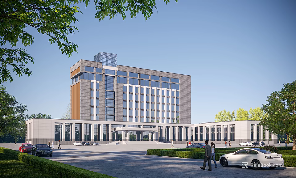 Modern Office Building With Glass Facade Landscaped Area Parking Pedestrians And Cars 3d model 