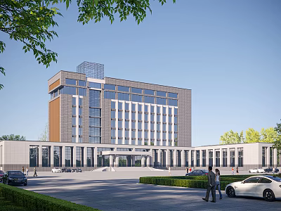 Modern Office Building With Glass Facade Landscaped Area Parking Pedestrians And Cars 3d model