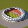 Modern Sports Stadium With Red Running Track And Green Grass Field For Fitness