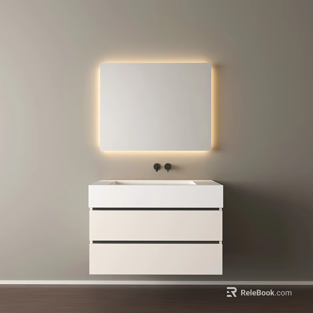 Modern Bathroom Vanity With Illuminated Rectangular Mirror And White Cabinet 3d model