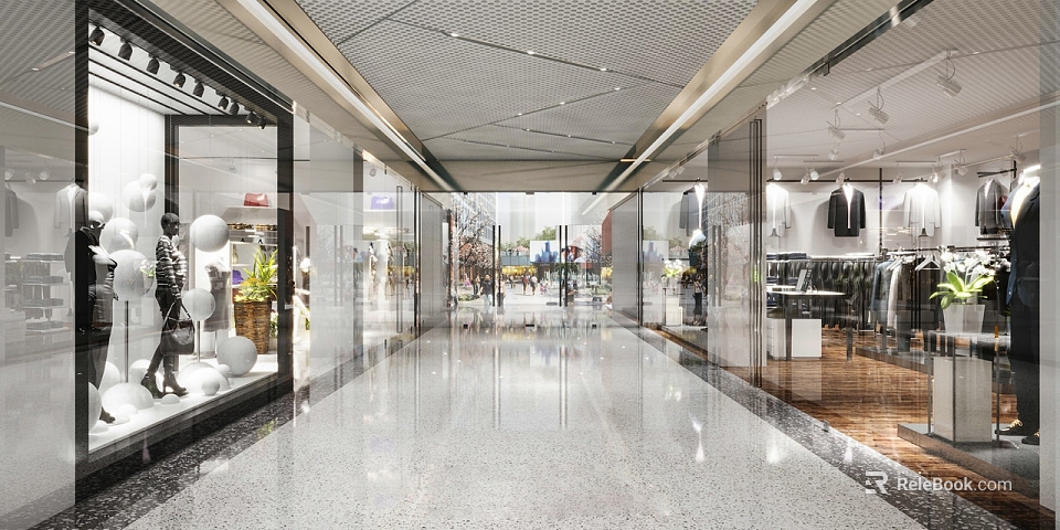 Modern Shopping Mall Store Corridor With Glass Fronts Window Displays And Shiny Floor 3d model 