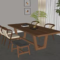 Modern Wooden Dining Table And Beige Chairs Set With Decorative Plant And Wall Art